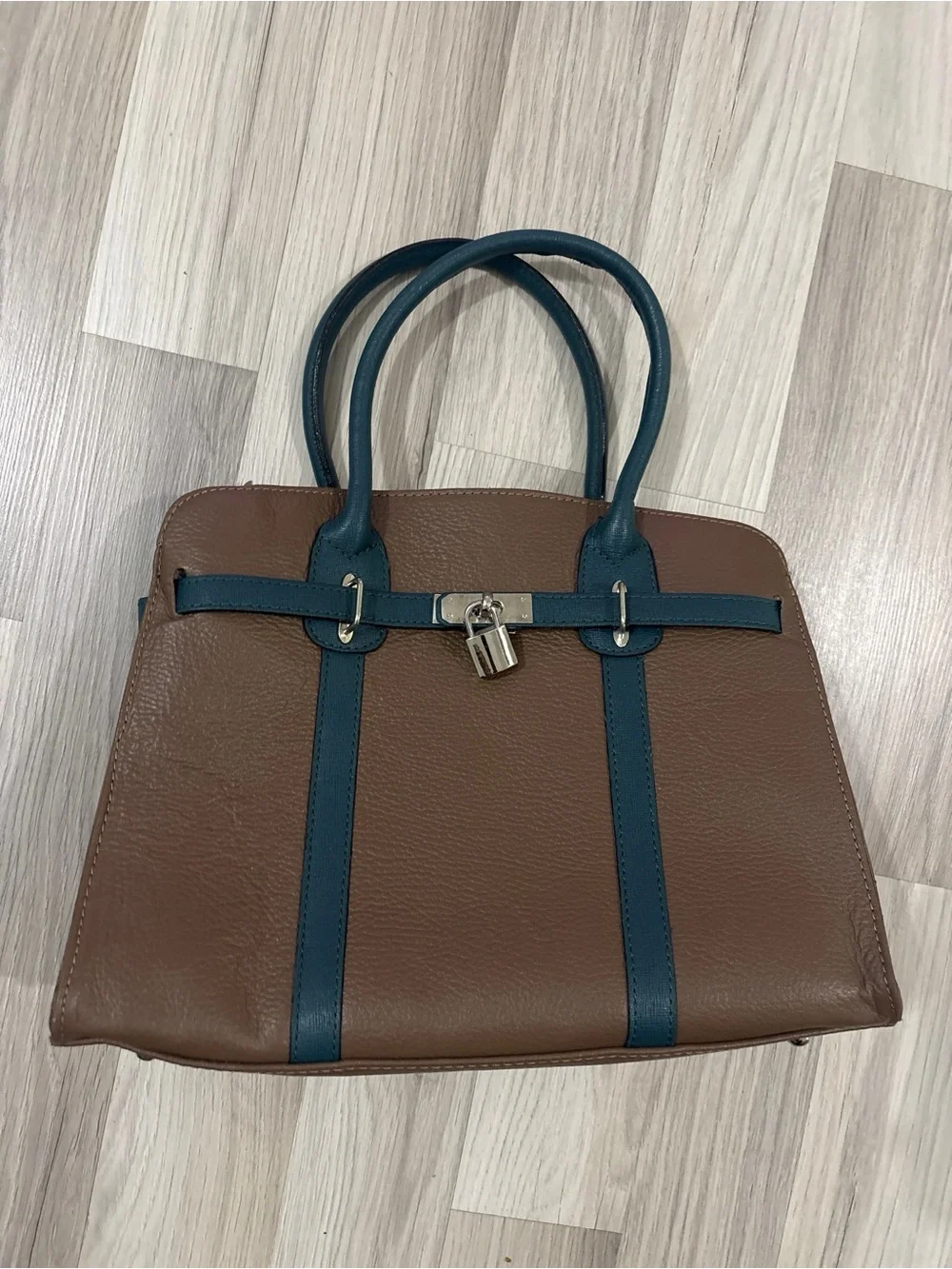 Vera Pelle Leather Satchel with Lock - Brown‎ & Green purse